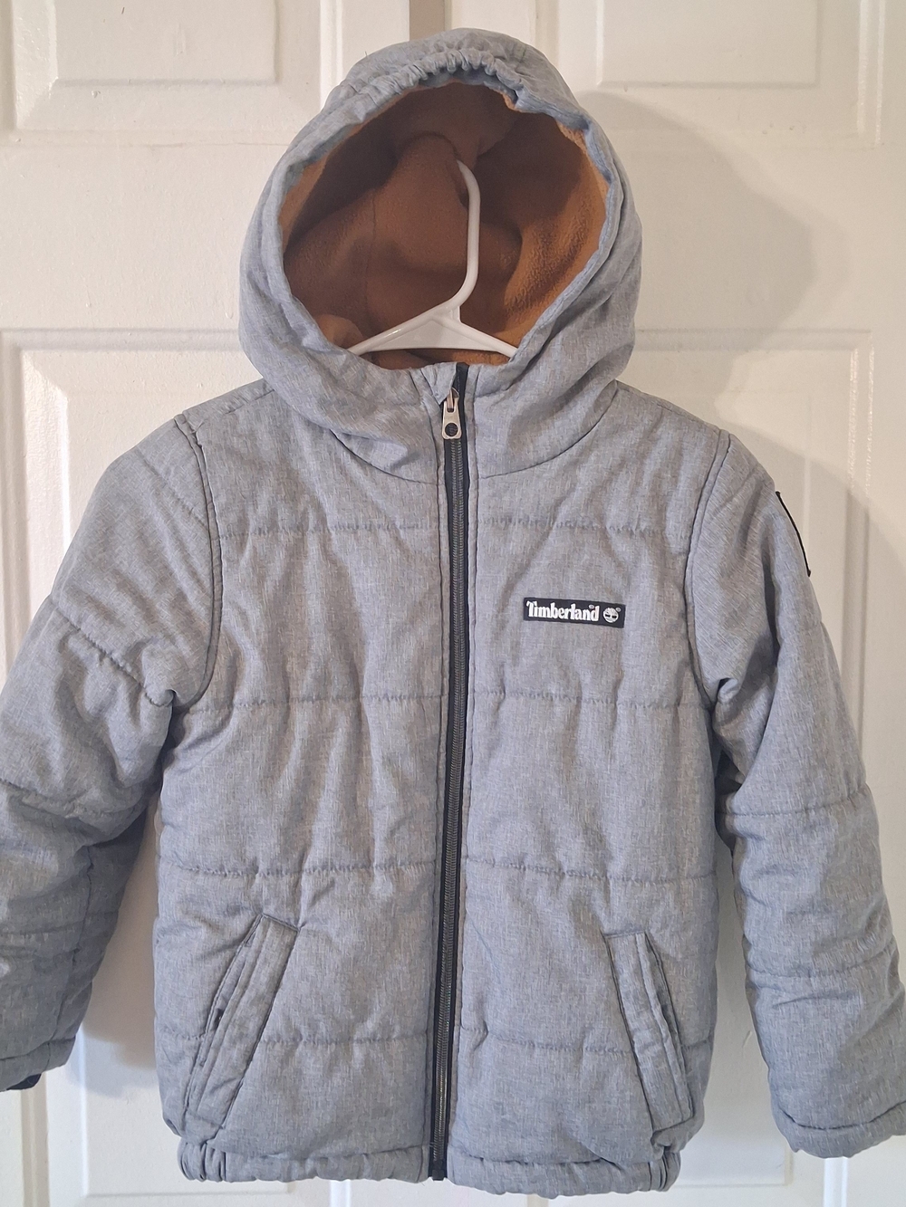 Timberland Kids' Light Gray Hooded Puffer Jacket with Orange Lining